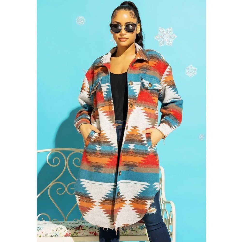Aztec Miranda Long Shacket Jacket Yellowstone Style Shacket Teal Aztec Jacket